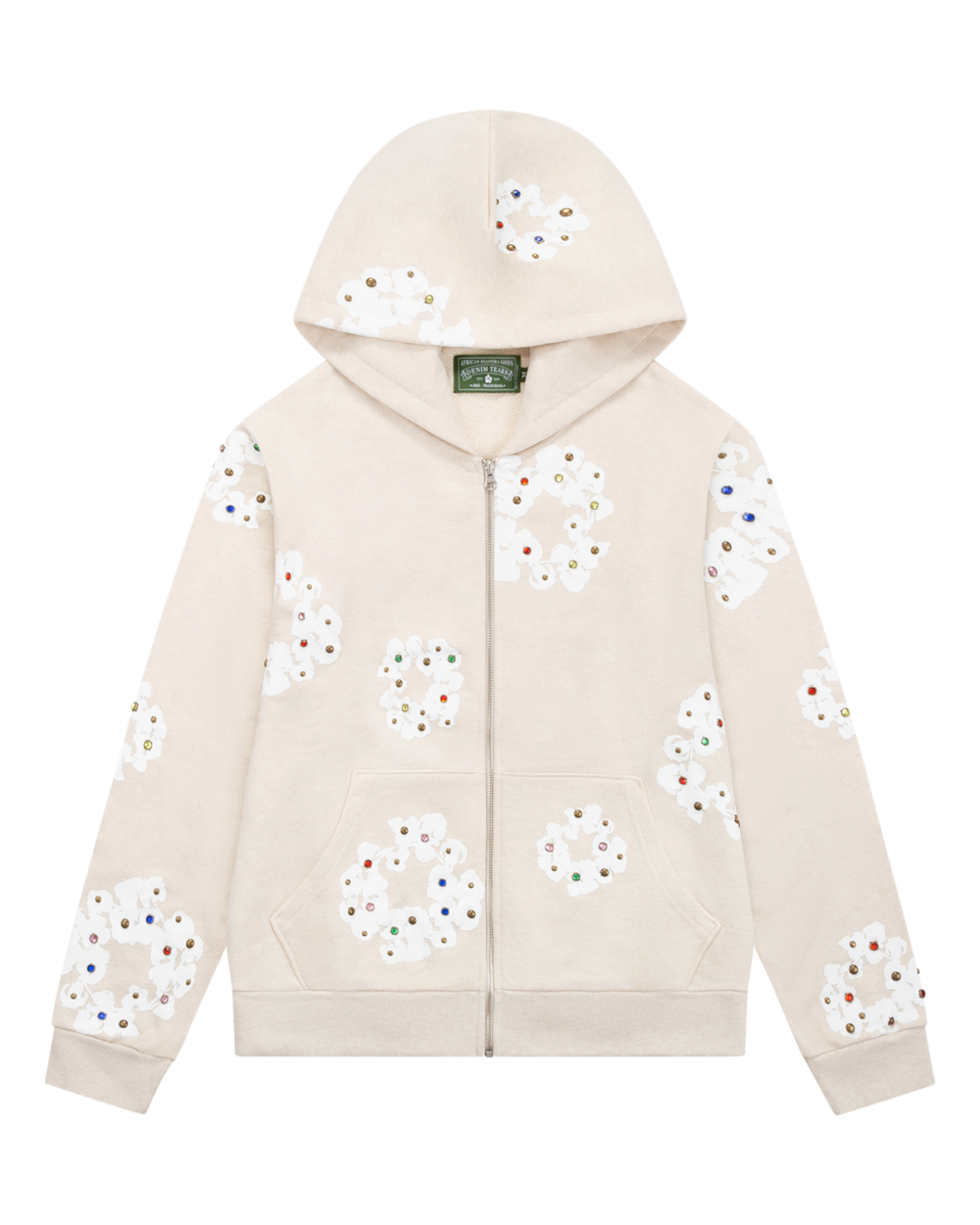 Rhinestone Cotton Wreath Zip Hoodie Oatmeal