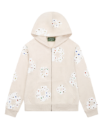 Rhinestone Cotton Wreath Zip Hoodie Oatmeal