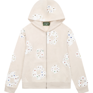 Rhinestone Cotton Wreath Zip Hoodie Oatmeal