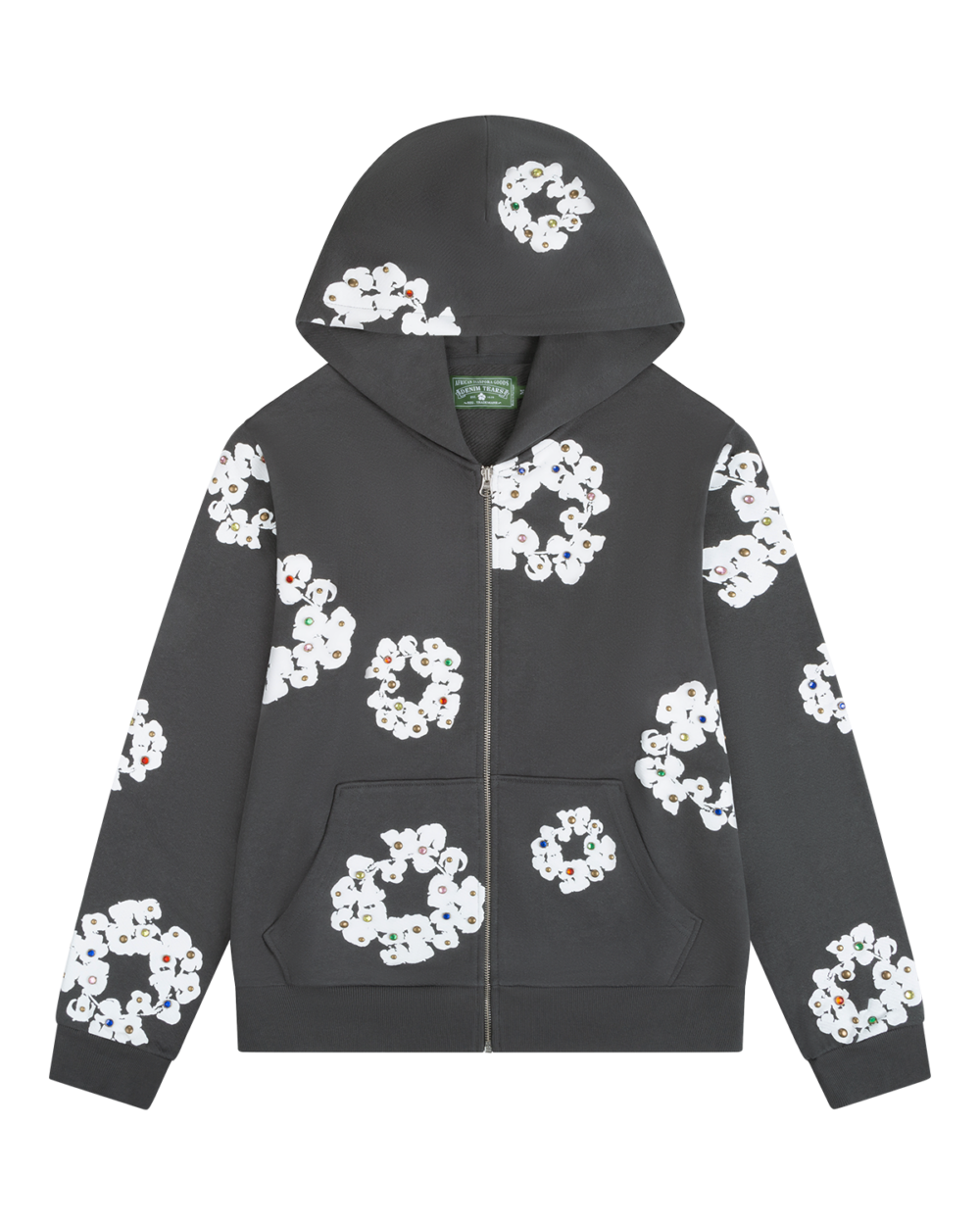 Rhinestone Cotton Wreath Zip Hoodie Vintage Black